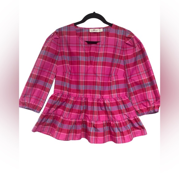 Vineyard Vines x Tuckernuck Pink Tartan Taffeta Tiered Party Plaid Top - Size Sm - Picture 3 of 7